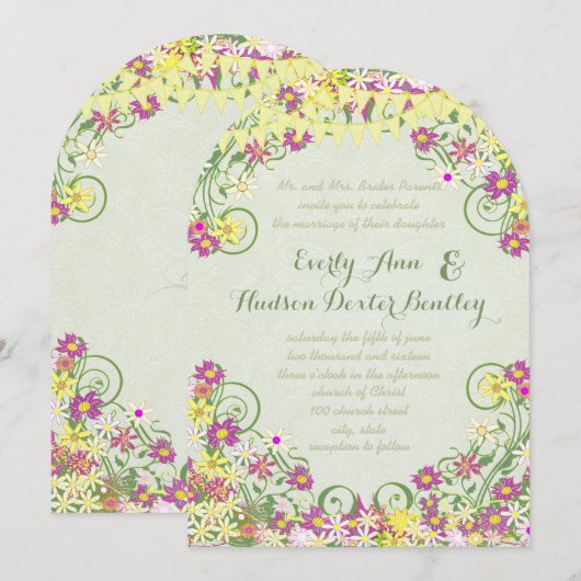 Kleurrijke Bunting Pennant Swirly Floral Bruiloft Kaart (Voorkant / Achterkant)