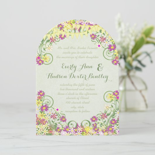 Kleurrijke Bunting Pennant Swirly Floral Bruiloft Kaart (Staand voorkant)