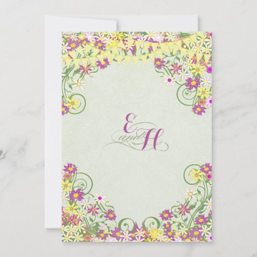 Kleurrijke Bunting Pennant Swirly Floral Bruiloft Kaart (Achterkant)