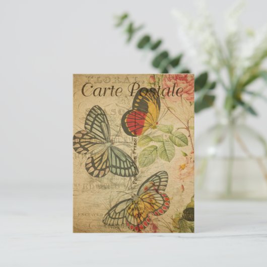 kleurrijke Butterflies roze Roses Frans Briefkaart (Staand voorkant)