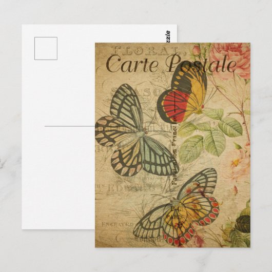 kleurrijke Butterflies roze Roses Frans Briefkaart (Voorkant / Achterkant)