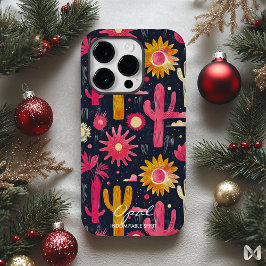 Kleurrijke Cactus en Bloemmotief met Naamcitaat Case-Mate iPhone 14 Pro Hoesje
