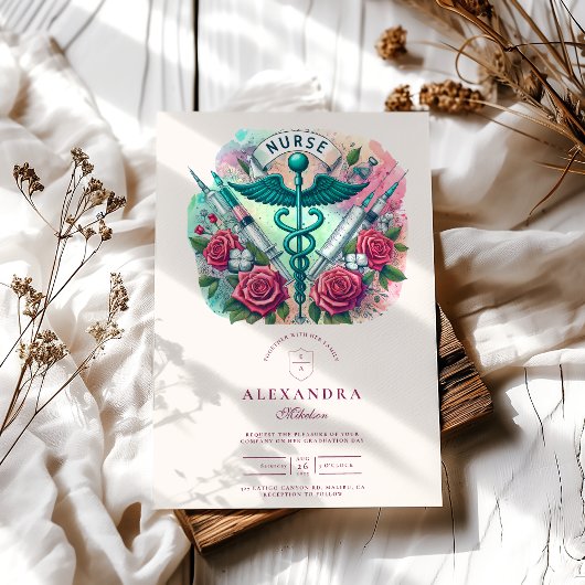 Kleurrijke Caduceus Nurse Afstuderen met spuiten Kaart