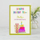Kleurrijke Cake Gift 1e verjaardag Uitnodiging (Staand voorkant)