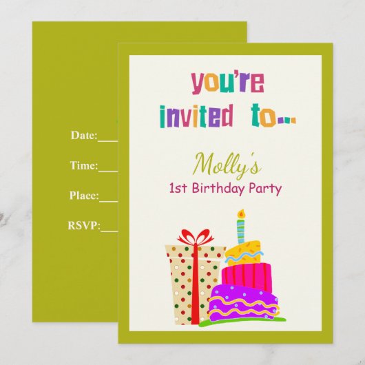 Kleurrijke Cake Gift 1e verjaardag Uitnodiging (Voorkant / Achterkant)