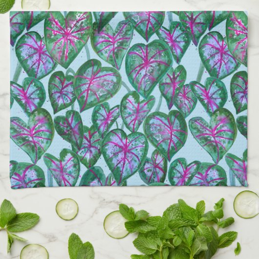 Kleurrijke Caladiumhoudende Waterverf laat roze gr Theedoek (Gevouwen)