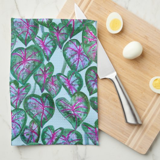 Kleurrijke Caladiumhoudende Waterverf laat roze gr Theedoek (Quarter Fold)