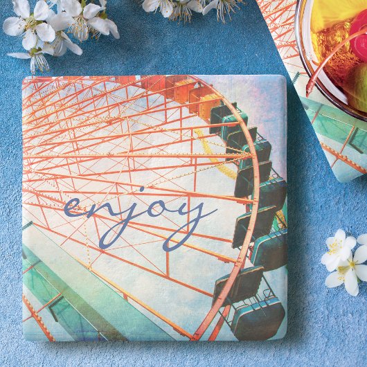 Kleurrijke Carnaval Ferris Wheel Geniet van Script Stenen Onderzetter