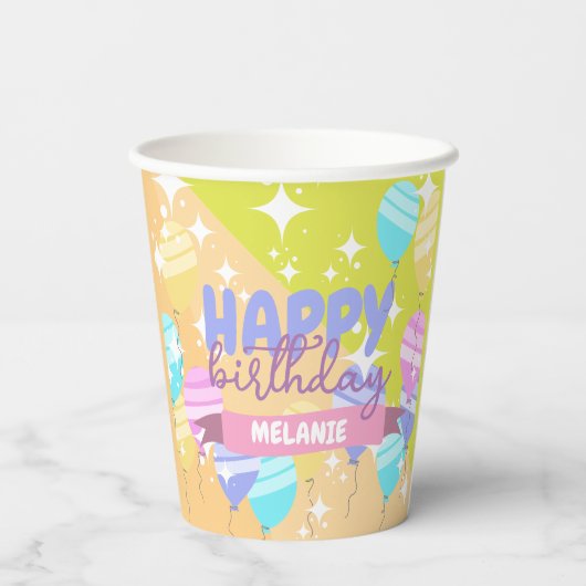Kleurrijke Cartoon Ballonnen Sparkles Happy Birthd Papieren Bekers (Achterkant)