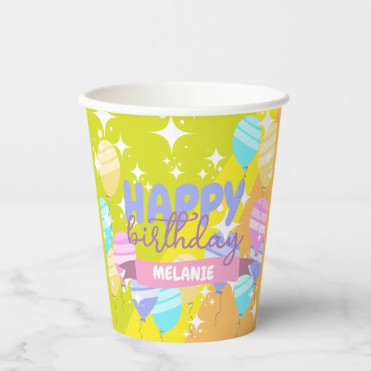 Kleurrijke Cartoon Ballonnen Sparkles Happy Birthd Papieren Bekers (Voorkant)