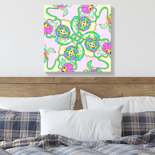 Kleurrijke cartoon bloemen oorspronkelijke kunst canvas afdruk (Insitu (Slaapkamer))