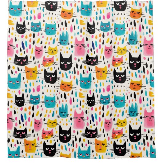 Kleurrijke Cartoon Cats Pattern Douchegordijn (Voorkant)