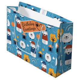 Kleurrijke cartoon gekke hond in blauwe doodles groot cadeauzakje