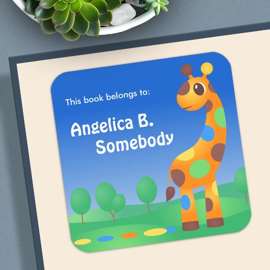 Kleurrijke Cartoon Giraffe Bookplate Vierkante Sticker