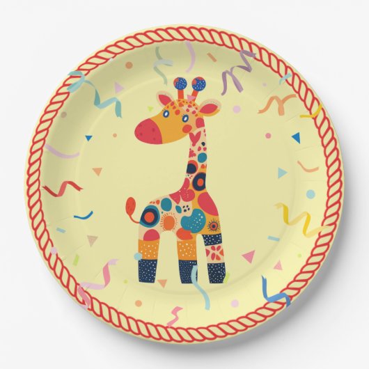 Kleurrijke Cartoon Giraffe met Confetti Papieren Bordje (Voorkant)