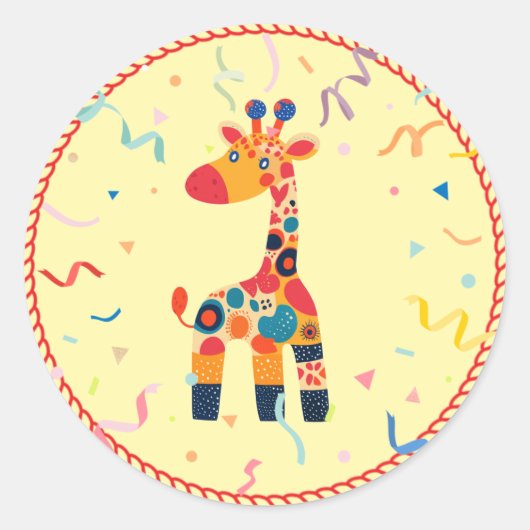 Kleurrijke Cartoon Giraffe met Confetti Ronde Sticker (Voorkant)