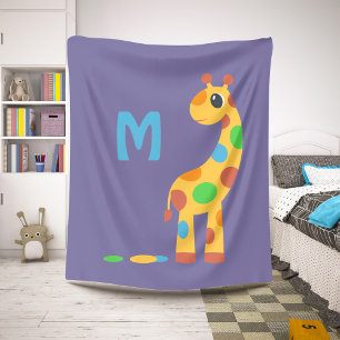 Kleurrijke Cartoon Giraffe Monogram op Paarse Sherpa Deken