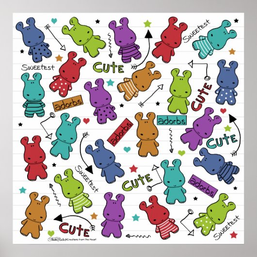 Kleurrijke Cartoon Hippo Pattern Poster (Voorkant)