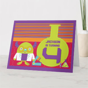 Kleurrijke Cartoon Mad Scientist 4th Birthday Kaart