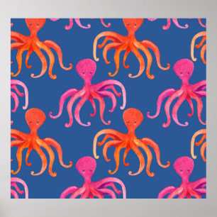 Kleurrijke Cartoon Octopus Waterverf Patroon Poster