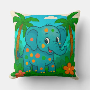 Kleurrijke Cartoon Olifant in Tropisch Landschap Kussen