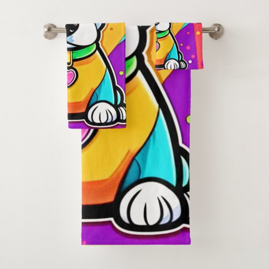 Kleurrijke Cartoon Puppy Art Print Bad Handdoek (Insitu)