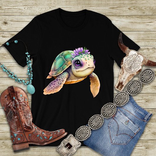 Kleurrijke Cartoon schildpad met bloemkroon T-shirt