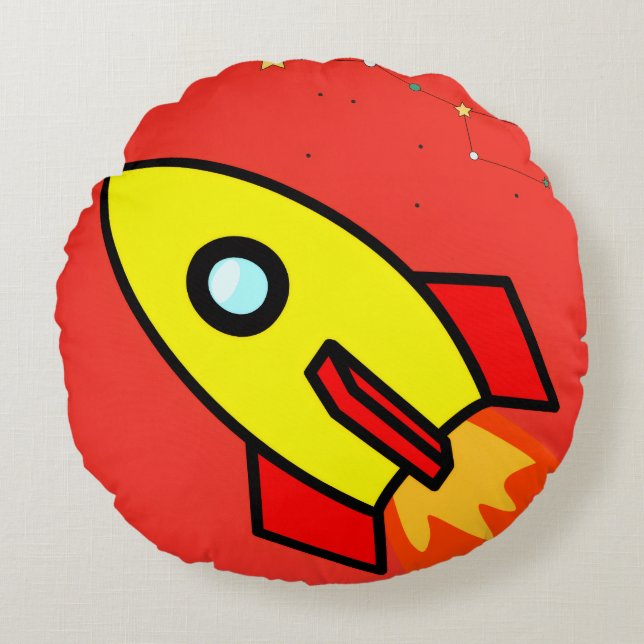 Kleurrijke Cartoon Space Adventure Rocket, UFO Rond Kussen (Voorkant)