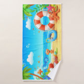 Kleurrijke Cartoon Tropical Beach Scene Badhanddoek (Badhanddoek)