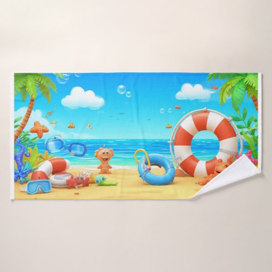Kleurrijke Cartoon Tropical Beach Scene Badhanddoek (Badhanddoek)