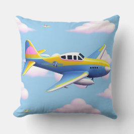 Kleurrijke Cartoon Vliegtuig Vliegen in Bright Sky Kussen