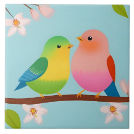 Kleurrijke Cartoon vogels neergestreken op een tak Tegeltje