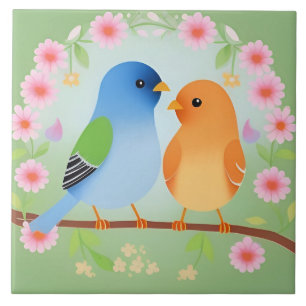 Kleurrijke Cartoon Vogels Op Tak Vogel Liefhebbers Tegeltje