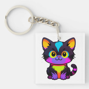 Kleurrijke Cartoonkat Met Neonkleuren Sleutelhanger