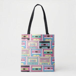 Kleurrijke cassettes, roze achtergrondpatroon. tote bag