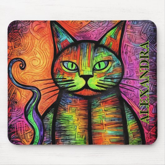 Kleurrijke Cat Custom Name Muismat (Voorkant)