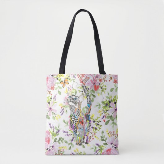 Kleurrijke Cat en Butterfly Floral Canvas tas (Voorkant)