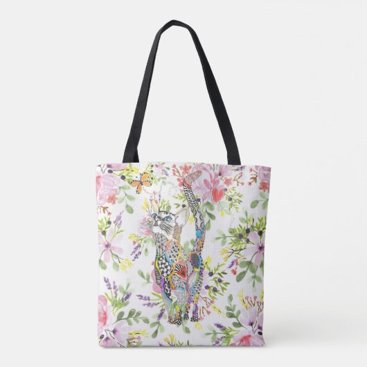 Kleurrijke Cat en Butterfly Floral Canvas tas (Achterkant)