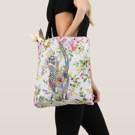 Kleurrijke Cat en Butterfly Floral Canvas tas (Dichtbij)