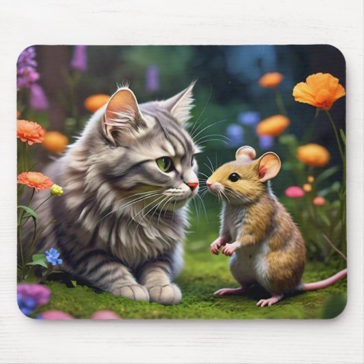 Kleurrijke Cat & Mouse met Bloemen Muismat (Voorkant)