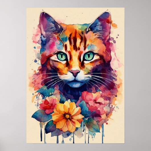 Kleurrijke Cat Silhouette Waterverf Wall Poster (Voorkant)