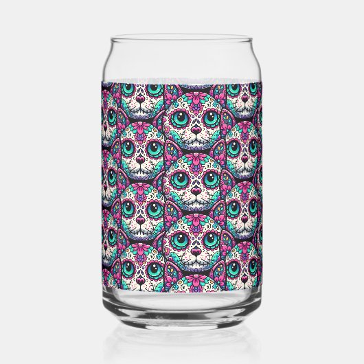 Kleurrijke Cat Sugar Skull Blikvorm Glas (Voorkant)