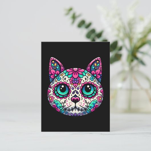Kleurrijke Cat Sugar Skull Briefkaart (Staand voorkant)