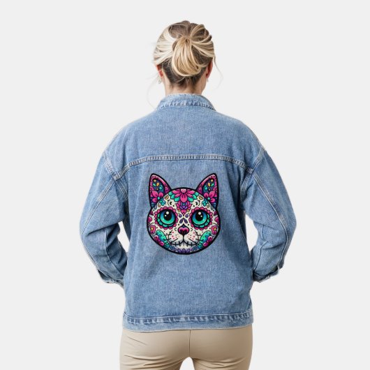 Kleurrijke Cat Sugar Skull Denim Jacket (Model)