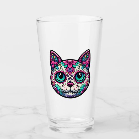 Kleurrijke Cat Sugar Skull Glas (Voorkant)