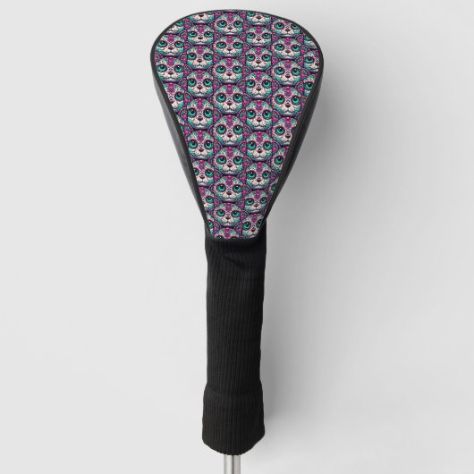 Kleurrijke Cat Sugar Skull Golfheadcover (Voorkant)
