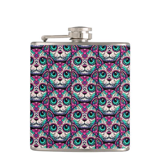 Kleurrijke Cat Sugar Skull Heupfles (Voorkant)