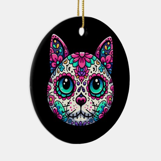 Kleurrijke Cat Sugar Skull Keramisch Ornament (Rechts)