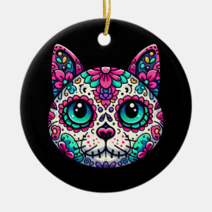 Kleurrijke Cat Sugar Skull Keramisch Ornament