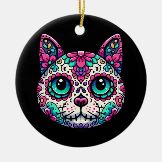 Kleurrijke Cat Sugar Skull Keramisch Ornament (Voorkant)